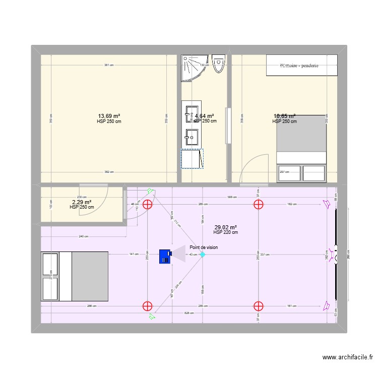 Salle cinéma. Plan de 5 pièces et 60 m2