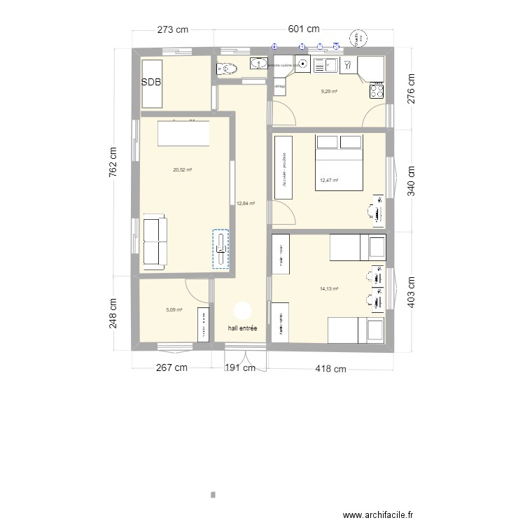 Plan maison 2 chambres . Plan de 6 pièces et 74 m2