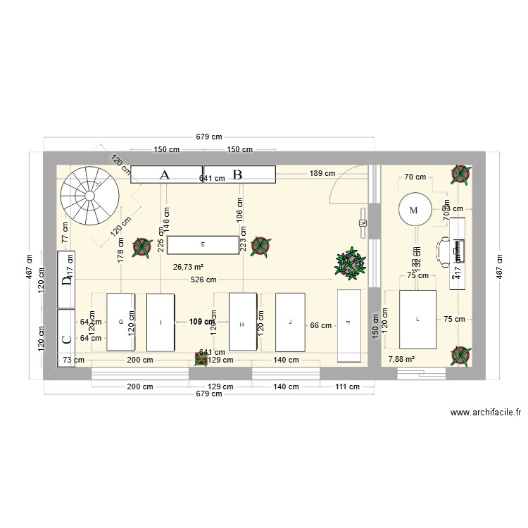 Aménagement du points du vente. Plan de 2 pièces et 35 m2