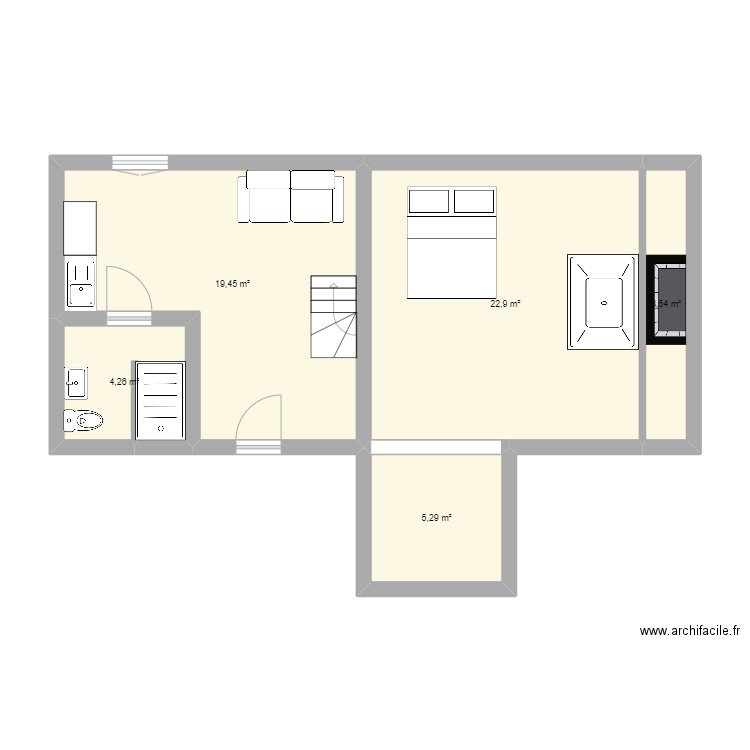 Combles. Plan de 5 pièces et 55 m2