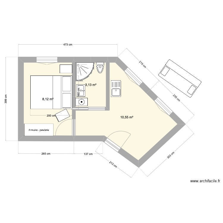 92130 - 2 puces 24m2. Plan de 3 pièces et 22 m2