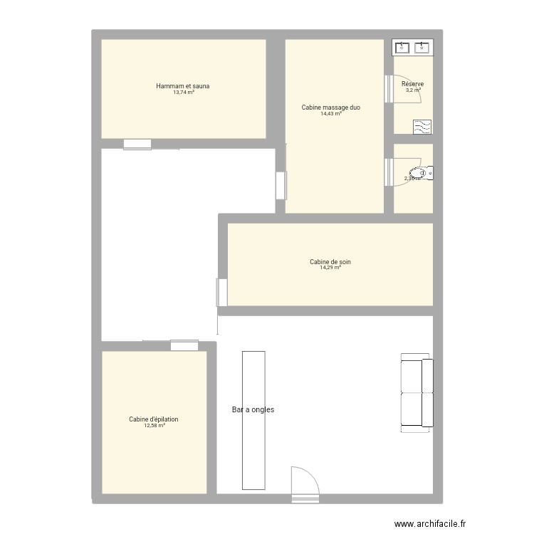 Institut beauté . Plan de 6 pièces et 61 m2