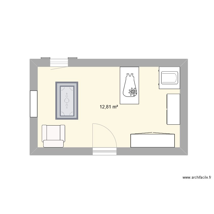 Chambre deux . Plan de 1 pièce et 13 m2