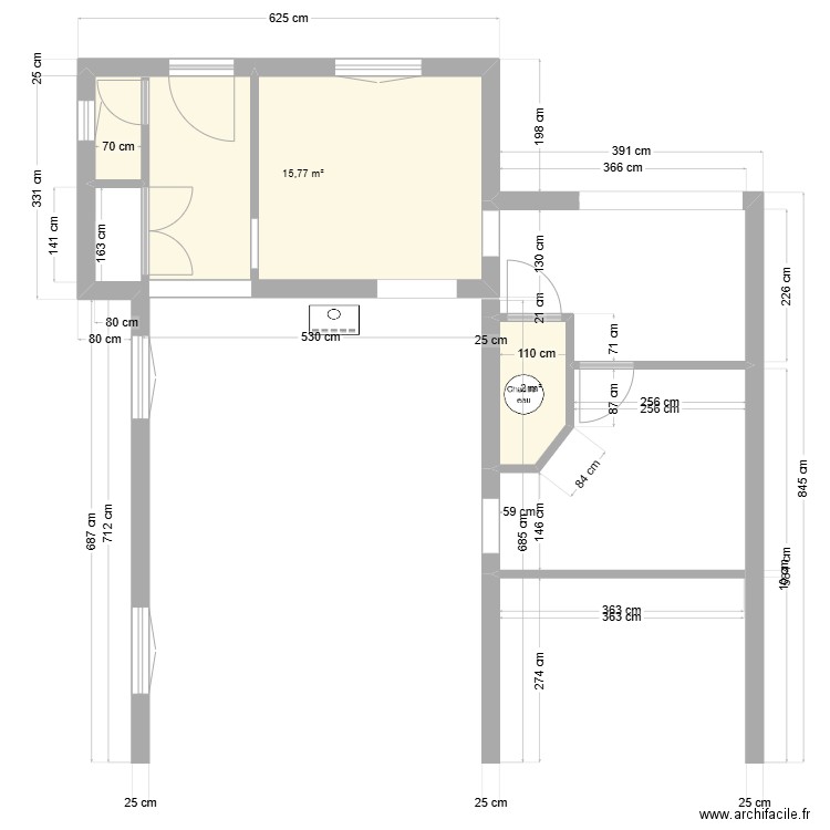 projet cuisine. Plan de 2 pièces et 18 m2