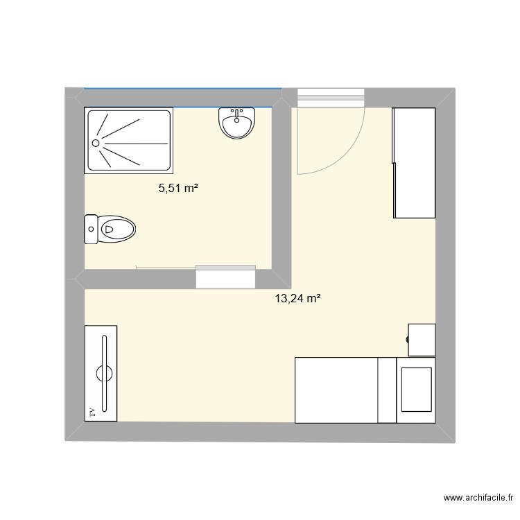 Chambre PMR. Plan de 2 pièces et 19 m2