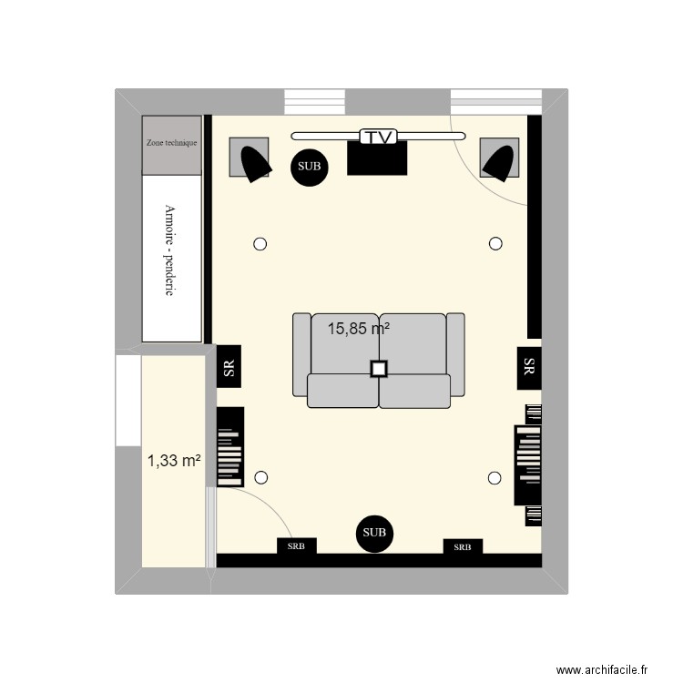 Salle ciné bis. Plan de 2 pièces et 17 m2