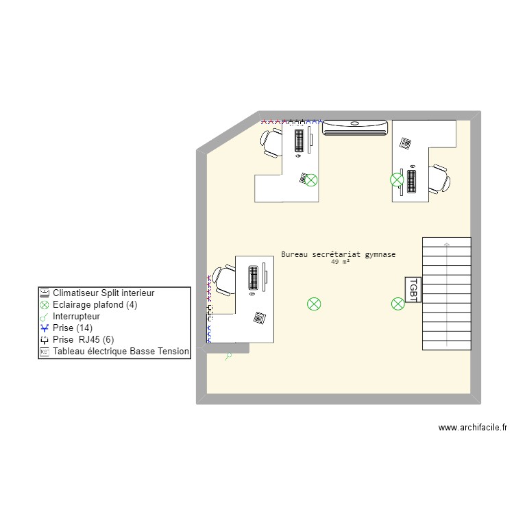 secretariat gymnase. Plan de 1 pièce et 49 m2