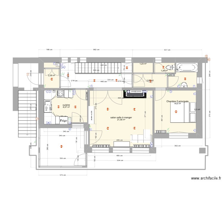 Chantelac R+1 Prunieres aménagement. Plan de 8 pièces et 52 m2