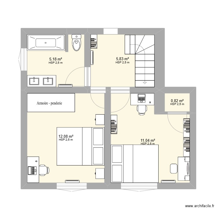 Napollon 1er. Plan de 5 pièces et 35 m2