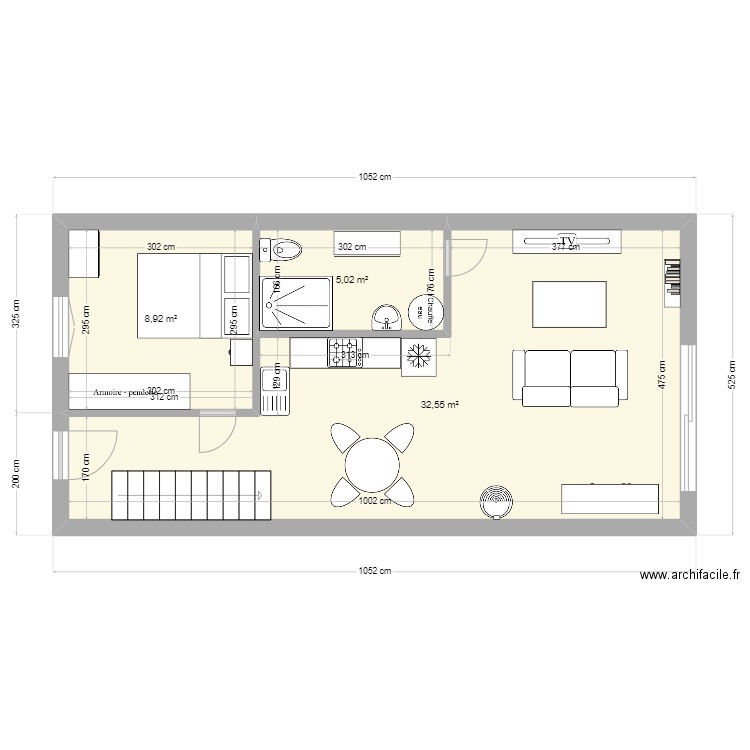 grange. Plan de 3 pièces et 46 m2