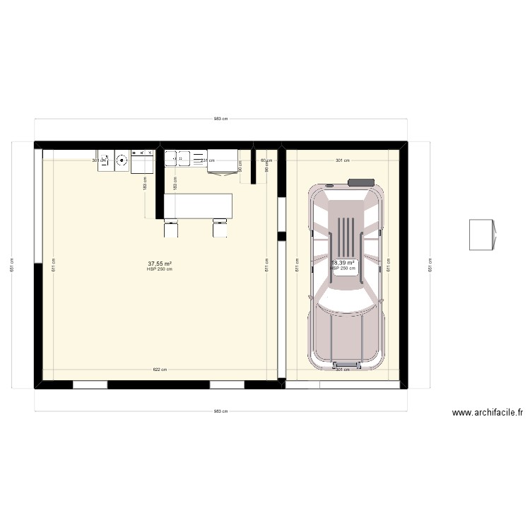 garage cuisine. Plan de 2 pièces et 56 m2