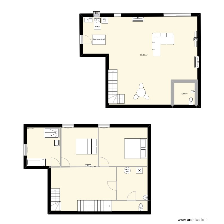 rez de chausse. Plan de 3 pièces et 138 m2