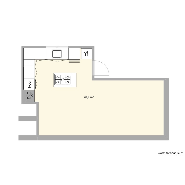 cuisine rature. Plan de 1 pièce et 27 m2