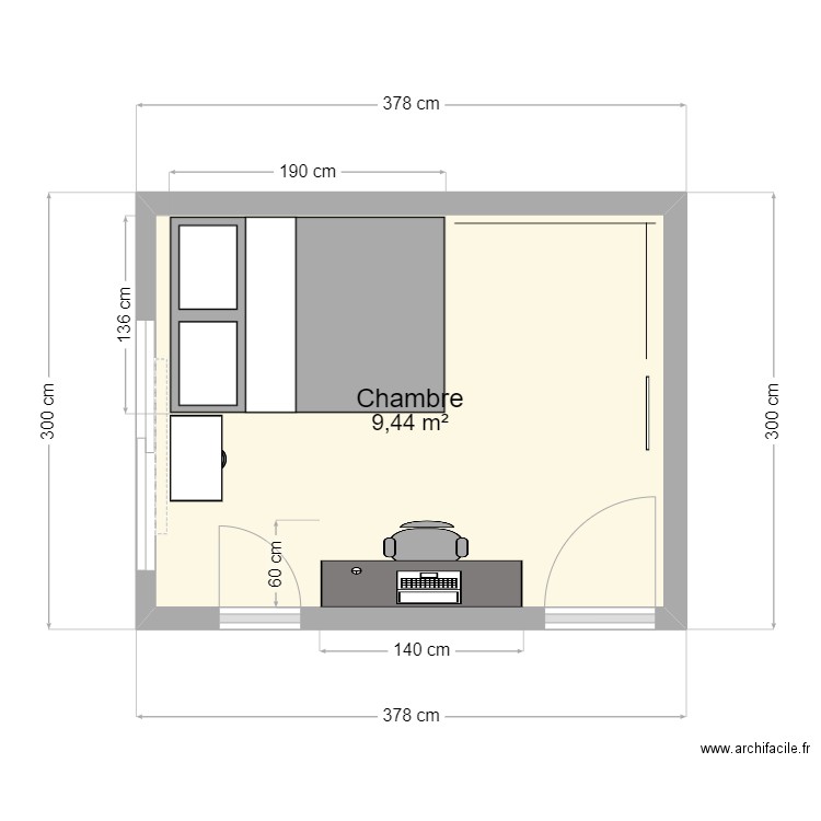 chambre. Plan de 1 pièce et 9 m2