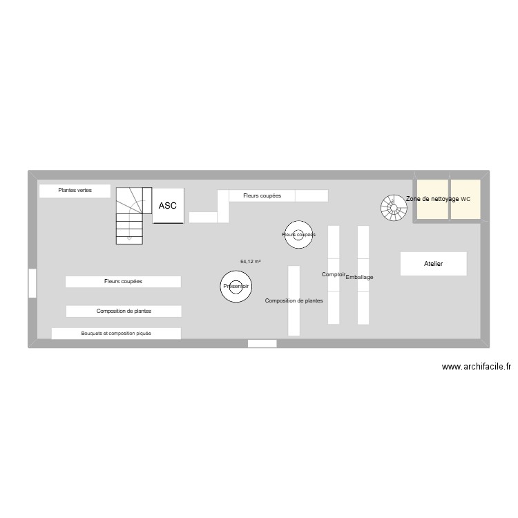 Rez de chaussée. Plan de 3 pièces et 67 m2