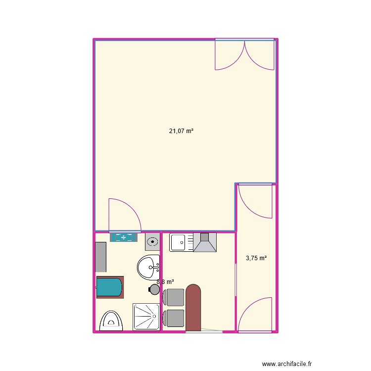 TPVC N1. Plan de 3 pièces et 34 m2