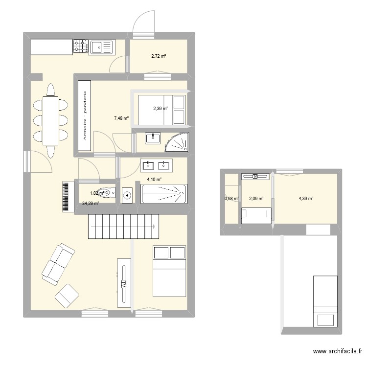 des cités. Plan de 9 pièces et 60 m2