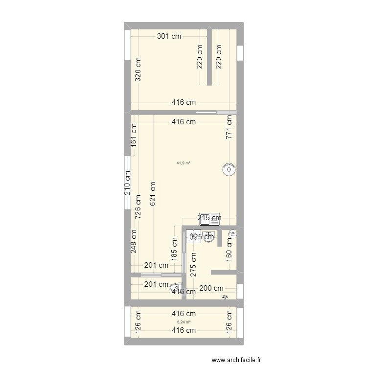 T2 GITE. Plan de 2 pièces et 47 m2