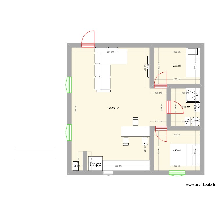 Plan T3 . Plan de 4 pièces et 59 m2