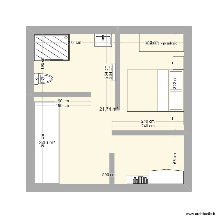 le haut 1. Plan de 2 pièces et 26 m2