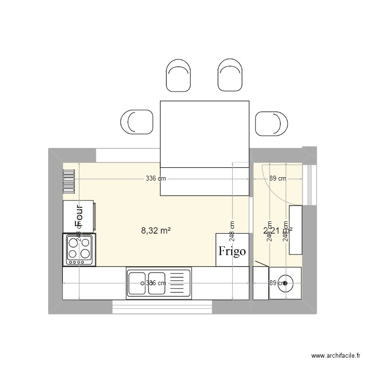 cuisine fauvettes avec a/c. Plan de 2 pièces et 11 m2