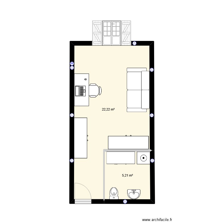 local. Plan de 2 pièces et 27 m2