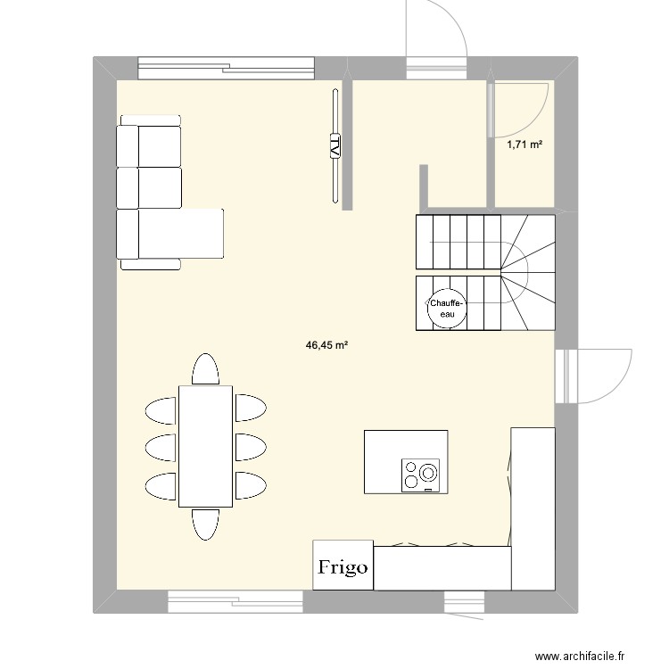 RDC. Plan de 2 pièces et 48 m2