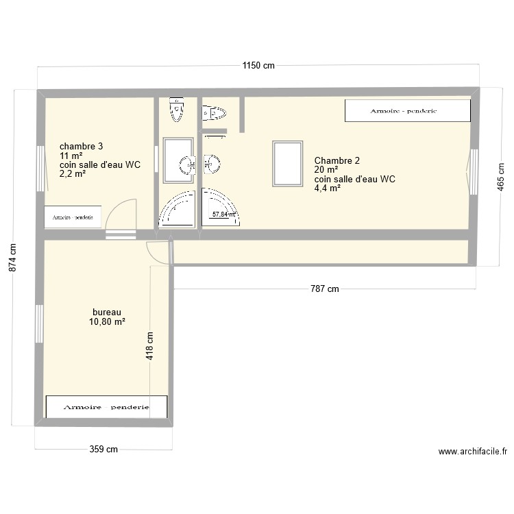 planette etage. Plan de 1 pièce et 58 m2