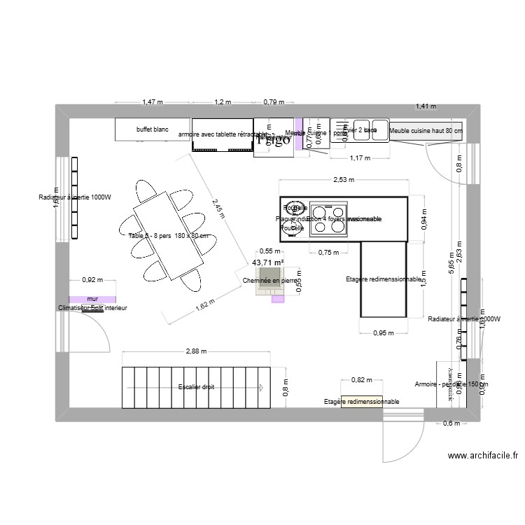 plan maison test. Plan de 1 pièce et 44 m2