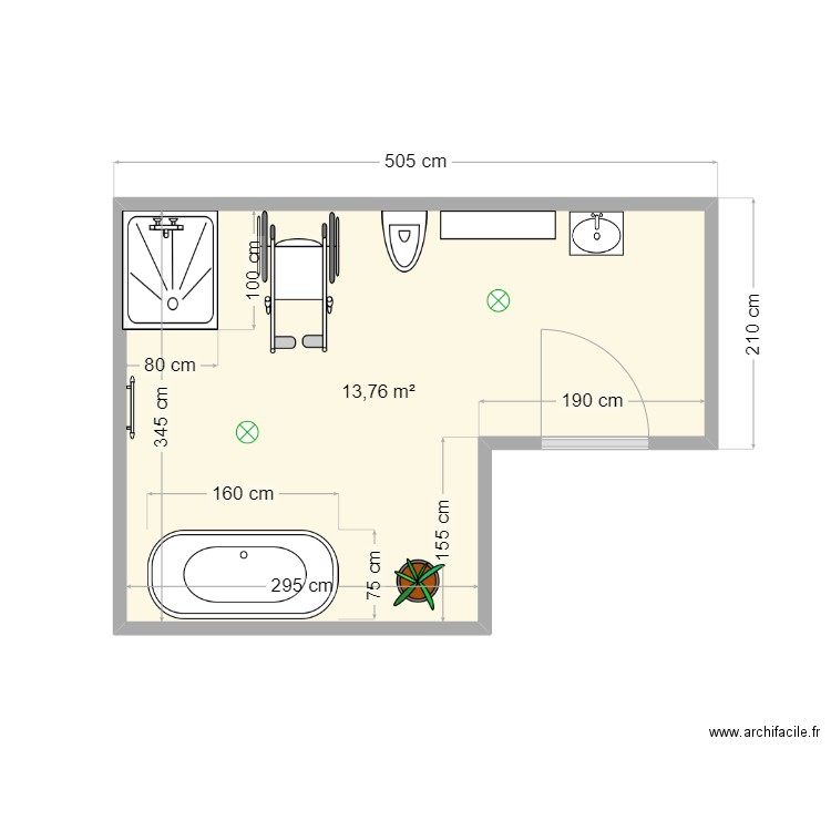 sdb. Plan de 1 pièce et 14 m2