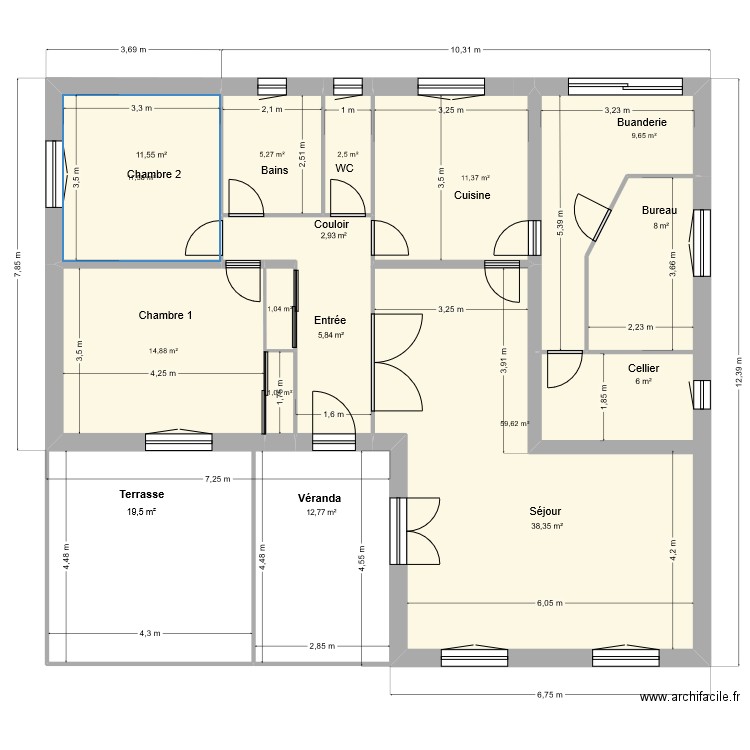 Maison Bernos. Plan de 9 pièces et 117 m2