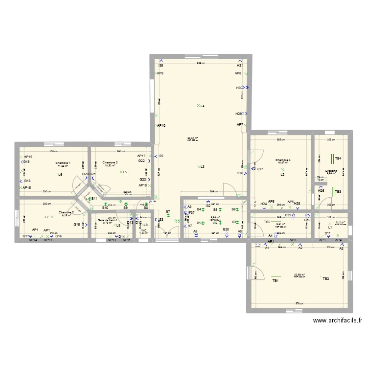 PRISE DE COURANT ET ECLAIRAGE. Plan de 12 pièces et 155 m2