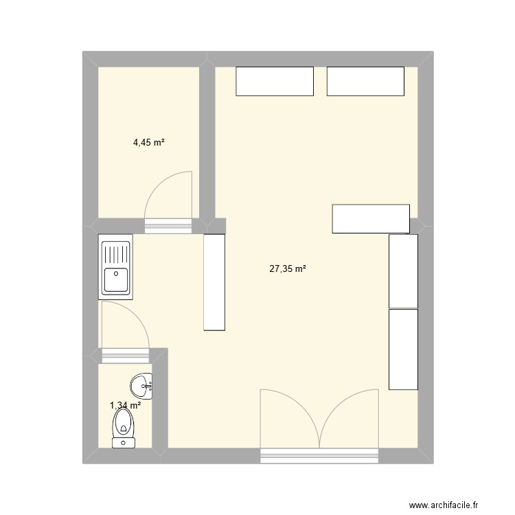 local. Plan de 3 pièces et 33 m2