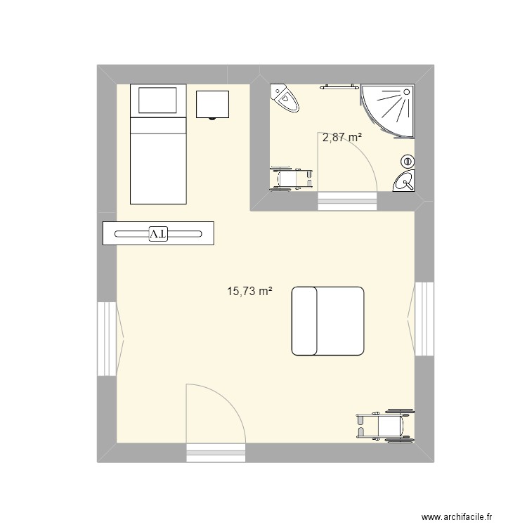 chambre residant. Plan de 2 pièces et 19 m2