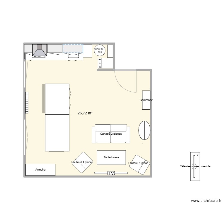 Pièce principale Chrystel TV face porte. Plan de 1 pièce et 27 m2