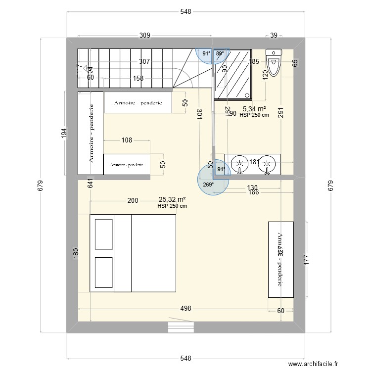 Etage maison. Plan de 2 pièces et 31 m2