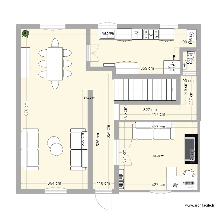 Cuisine. Plan de 3 pièces et 74 m2