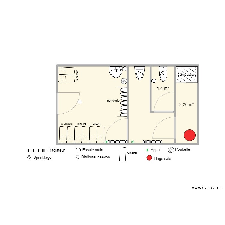 Vestiaire 2. Plan de 4 pièces et 14 m2