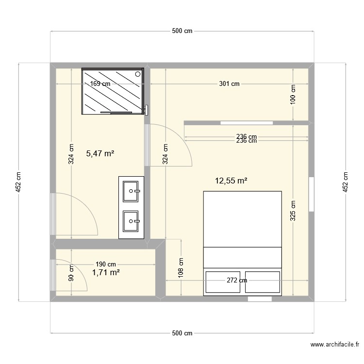 Option 1 salle de bain . Plan de 3 pièces et 20 m2