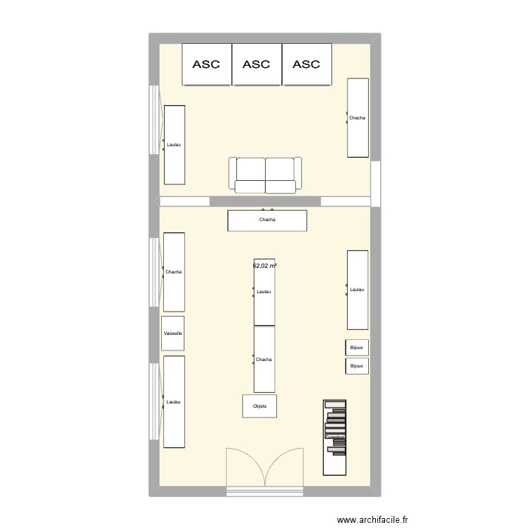 Friperie 1 (basique). Plan de 1 pièce et 62 m2