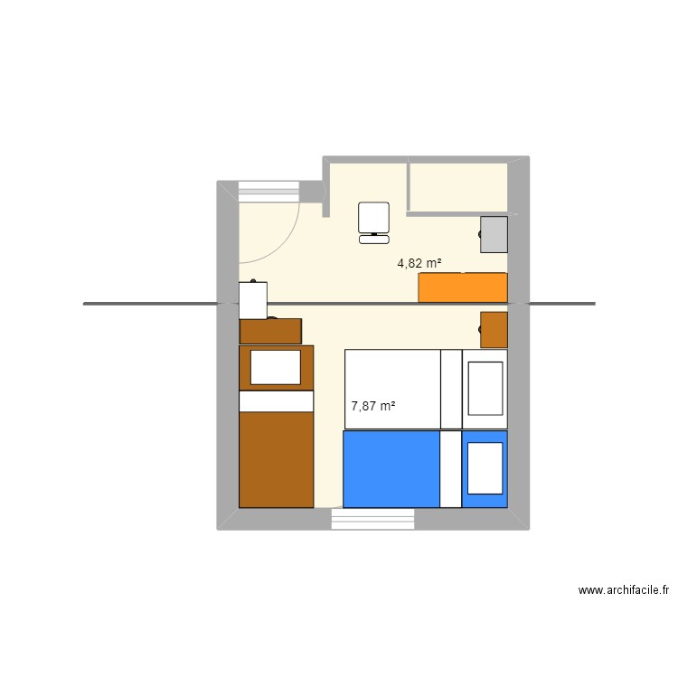 Chambre Après. Plan de 2 pièces et 13 m2