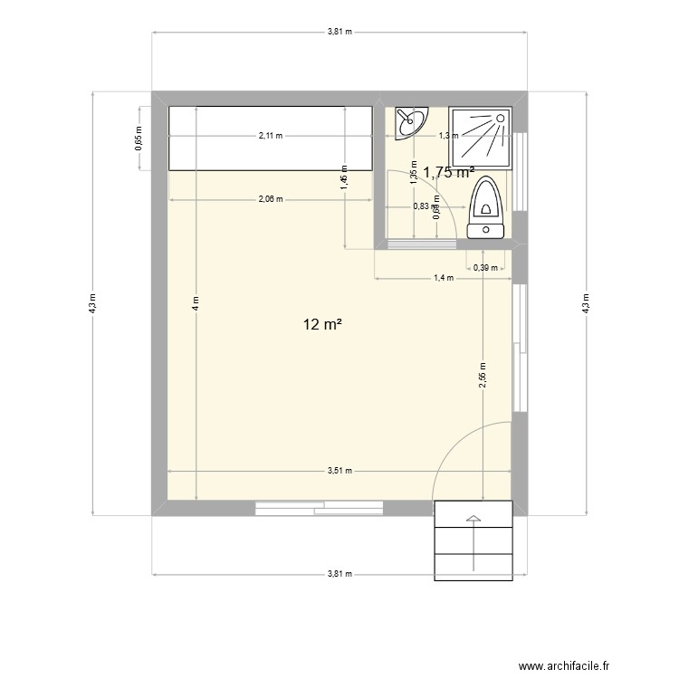 Chambre Doha bis. Plan de 2 pièces et 14 m2