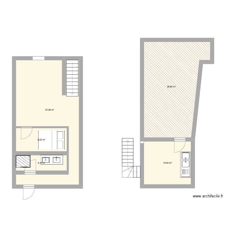 T2 Dublex . Plan de 5 pièces et 75 m2