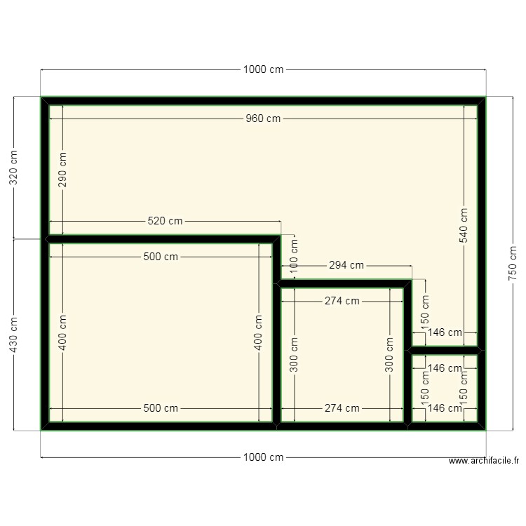 PLAN 10X7;5. Plan de 4 pièces et 65 m2