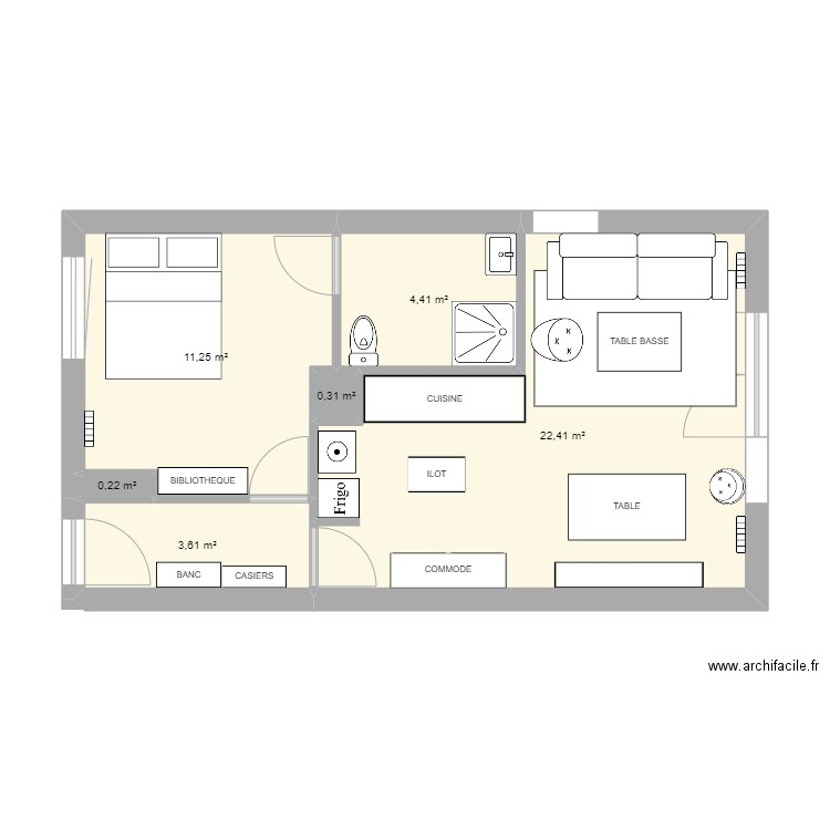 Appart'. Plan de 6 pièces et 42 m2