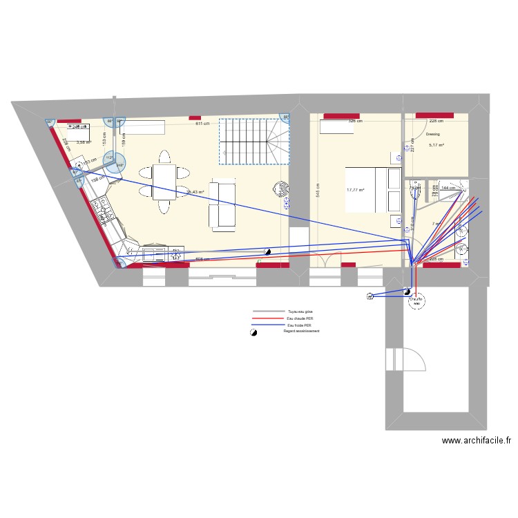 Aménagement 25 La Meffrais (réseaux rdc). Plan de 10 pièces et 128 m2