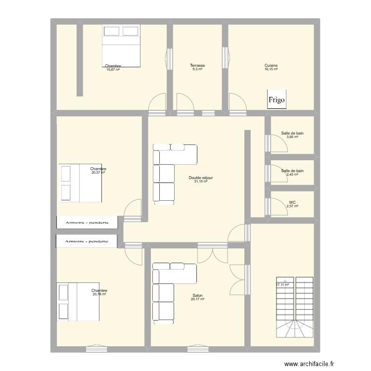 1 er étage. Plan de 11 pièces et 164 m2