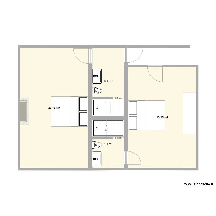 SDB WC . Plan de 4 pièces et 54 m2