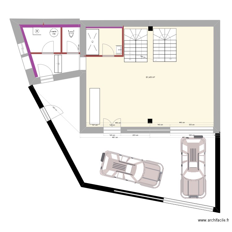 Plan RDC escalier double escalier. Plan de 1 pièce et 61 m2