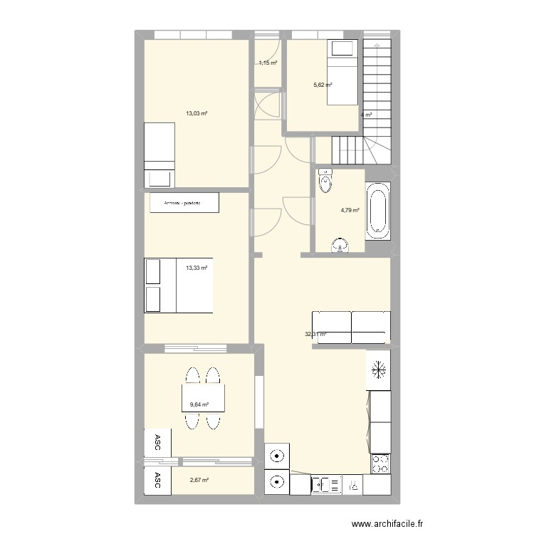 Garnier 7568 (renovation). Plan de 9 pièces et 87 m2